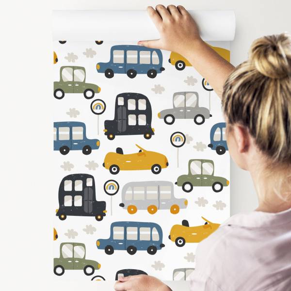 Kinderbehang AUTO'S Verkeersborden blauw - grijs - groen - wit - vlies - 53 x 1000 x 1000 cm