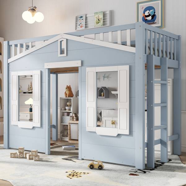 Hochbett OzeanAttic Ⅰ Blau - Holzwerkstoff - Massivholz - 95 x 135 x 210 cm