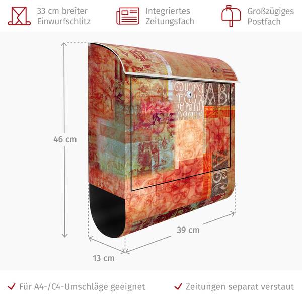Briefkasten Schriftmuster Rot - Stahl - 39 x 46 x 13 cm