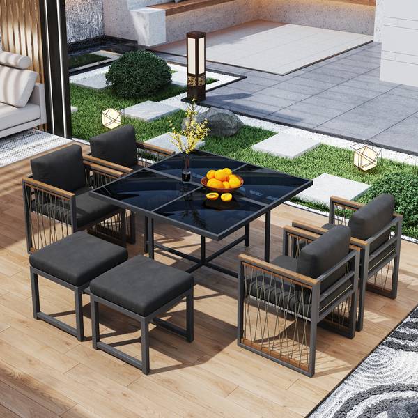 Gartenmöbelset Hephaestus 7-tlg Schwarz - Braun - Polyester - Webstoff - Akazie - Eisen - 158 x 74 x 230 cm