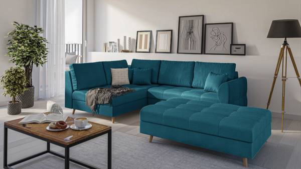 Skandinavisches Ecksofa Amber mit Hocker Türkis - Ecke davorstehend links