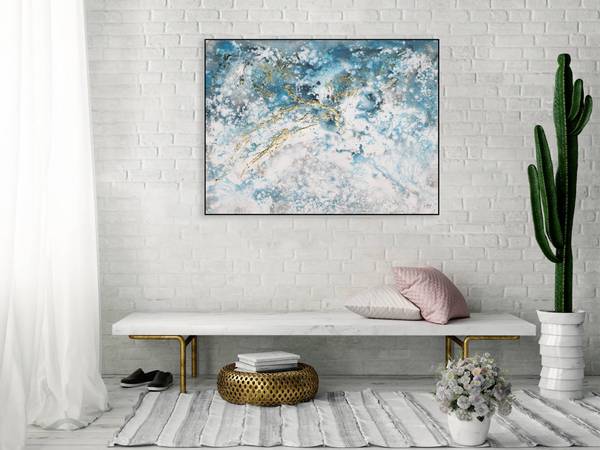 Acrylbild Handgemalt Fluid Painting Sin Blau - Weiß - Baumwollstoff - 100 x 75 x 4 cm