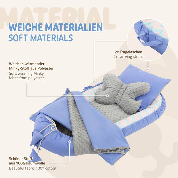 Babynestchen-Set 5-tlg. Blau - Samt - 50 x 10 x 90 cm