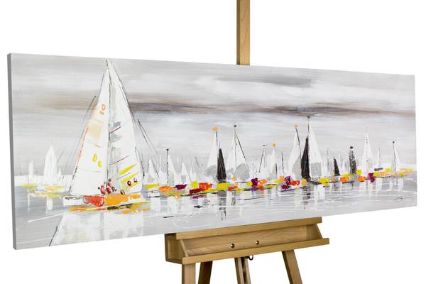 Tableau peint à la main Flotte Voiliers Gris - Coton - 150 x 50 x 4 cm