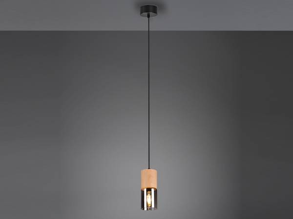 Holz Pendelleuchte 1 flammig Rauchglas Schwarz - Grau - Rauchglas - 10 x 150 x 10 cm