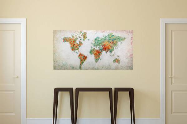 Acrylbild Handgemalt Weltkarte Jec Baumwollstoff - 140 x 70 x 4 cm