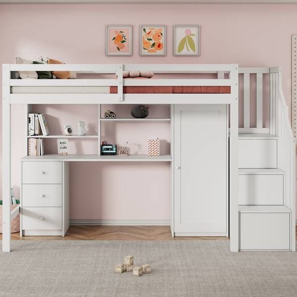 Hochbett AtticWoody Ⅰ Weiß - Massivholz - 94 x 165 x 251 cm
