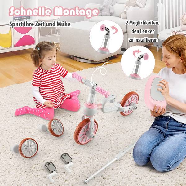 4 in 1 Kinder Dreirad + Laufrad Pink - Kunststoff - 72 x 101 x 37 cm