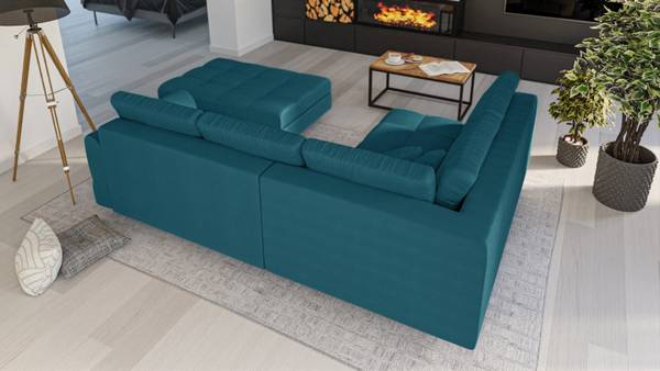Skandinavisches Ecksofa Amber mit Hocker Türkis - Ecke davorstehend links