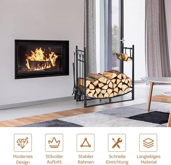 Kaminholzregal mit Kaminbesteck Set Schwarz - Metall - 33 x 76 x 76 cm