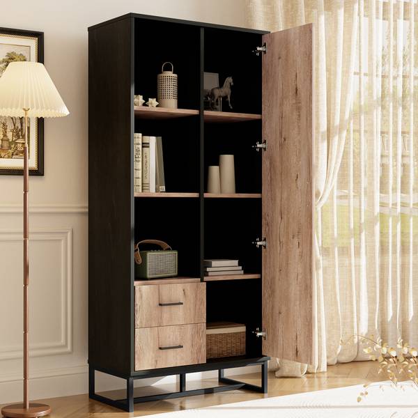 Hochschrank mit 2 Schubladen Coeus Ⅱ Schwarz - Braun - Eisen - 80 x 180 x 40 cm