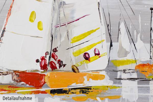Tableau peint à la main Flotte Voiliers Gris - Coton - 150 x 50 x 4 cm
