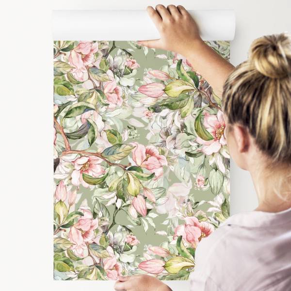 Tapete Frühling BLUMEN Blätter Natur Braun - Grau - Grün - Weiß - Fleece - 53 x 1000 x 1000 cm