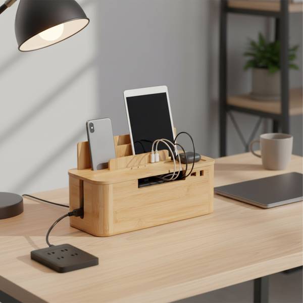 Kabelbox mit Handyhalter Bambus Braun - Holzverbundwerkstoff - 30 x 16 x 13 cm