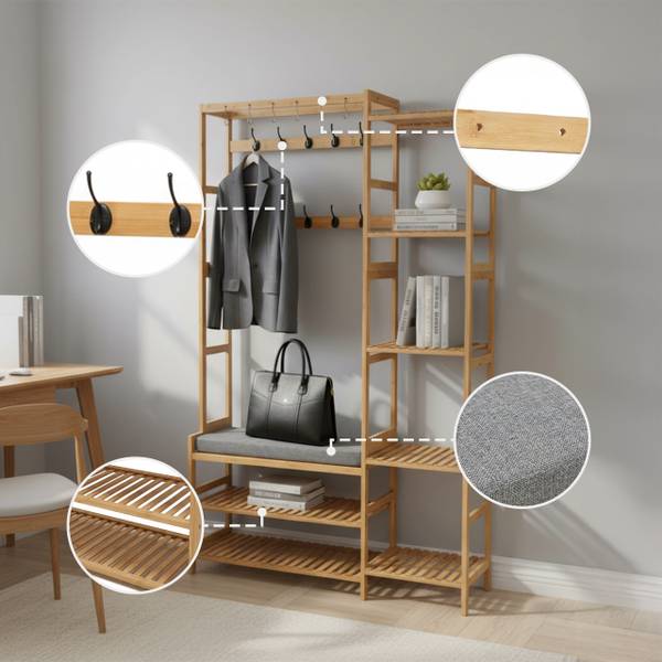Garderobenständer mit Sitzbank & Haken Schwarz - Braun - Grau - Polyester - 104 x 175 x 30 cm