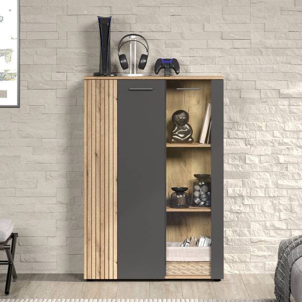 Vitrinenschrank Esteban Grau - Holz teilmassiv - 90 x 132 x 34 cm