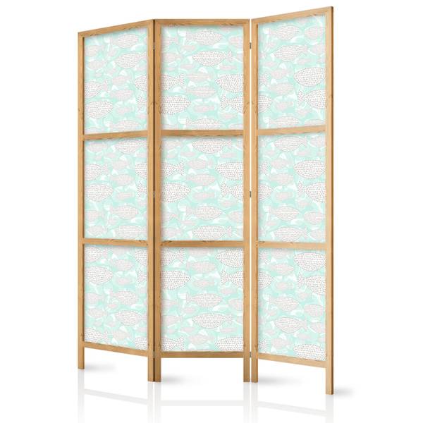 Paravent Skizzieren Fisch 3-tlg Grau - Grün - Weiß - Holzwerkstoff - Textil - 135 x 172 x 3 cm