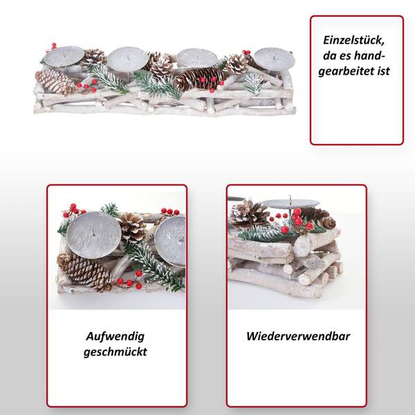 Adventskranz länglich Holz Kerzen weiß Weiß - Metall - Holz teilmassiv - 50 x 11 x 15 cm