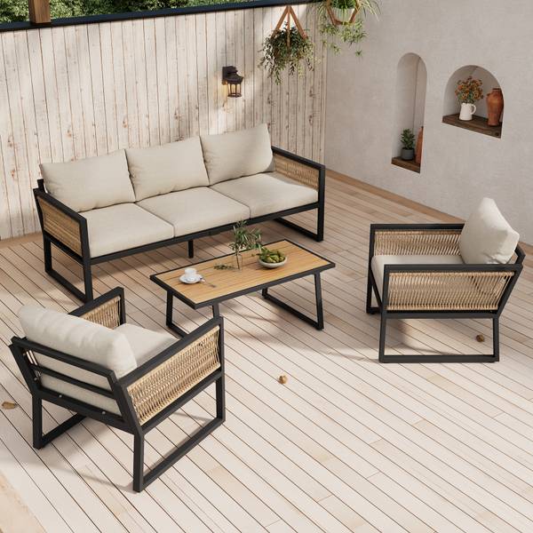 Lounge jardin 4-pce Rhea Ⅴ Beige - Noir - Polyester - Tissu - Acier - Bois composite - 67 x 63 x 182 cm