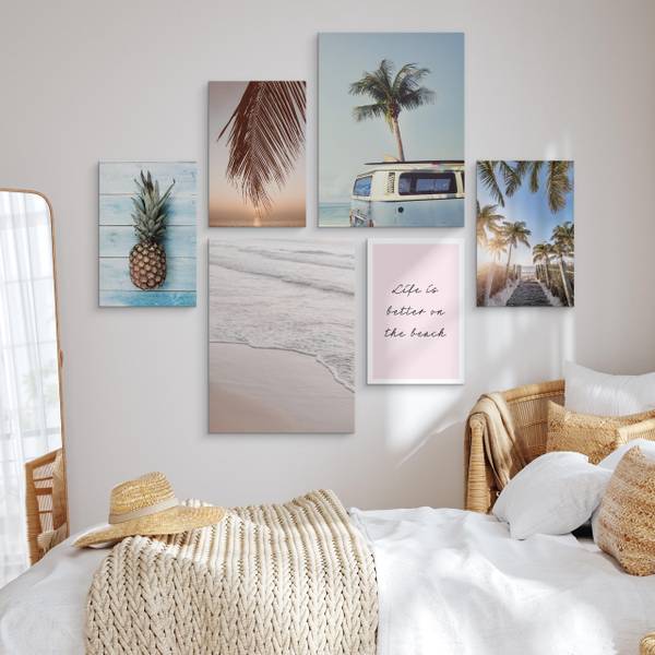 Set De Tableaux Mer Palmiers Nature 3D Beige - Bleu - Marron - Lin - 90 x 80 x 80 cm