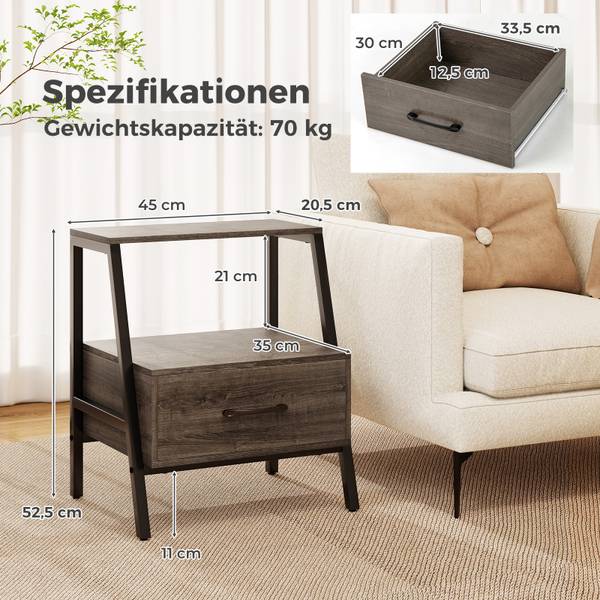 Nachttisch TG33226SDDE Grau - Holzwerkstoff - 35 x 53 x 45 cm