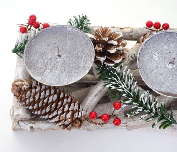 Adventskranz länglich Holz Kerzen weiß Weiß - Metall - Holz teilmassiv - 50 x 11 x 15 cm