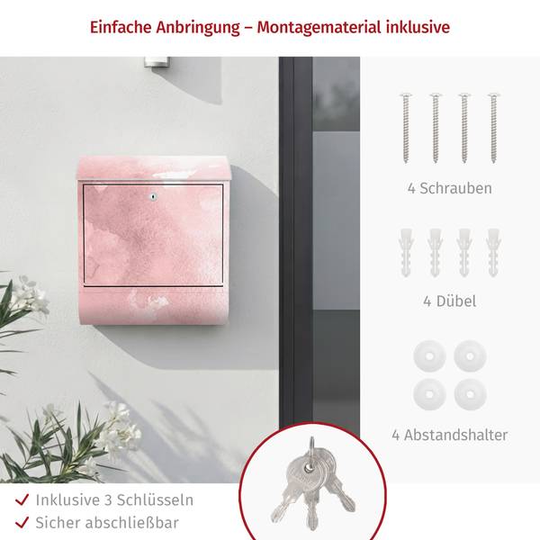 Briefkasten Aquarellstruktur Zuckerwatte Pink - Stahl - 39 x 46 x 13 cm