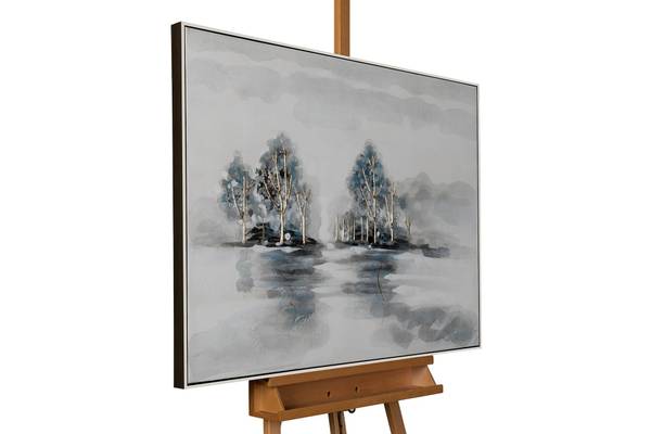 Tableau peint à la main Forêt Brumeuse Bleu - Gris - Coton - 100 x 75 x 4 cm