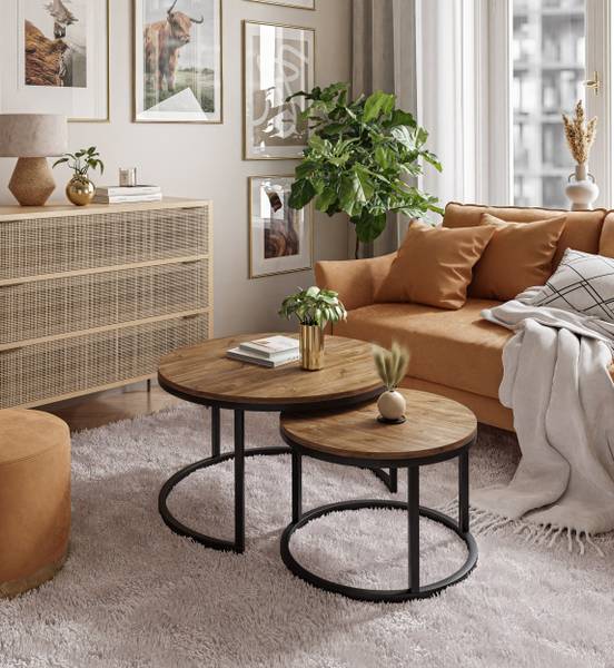 Set Couchtisch CIRI Eiche Stirling Dekor - 70 x 70 cm - Durchmesser: 70 cm - Schwarz