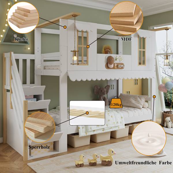 Lit superposé maison Uranus Ⅰ Marron - Blanc - Bois manufacturé - Bois massif - 97 x 202 x 253 cm