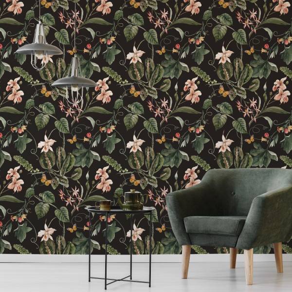 Tapete Aquarell BLÄTTER Blumen Natur Beige - Schwarz - Grün - Rot - Fleece - 53 x 1000 x 1000 cm