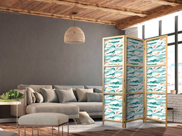 Paravent Wasserwellen Fisch 3-tlg Blau - Grün - Orange - Weiß - Holzwerkstoff - Textil - 135 x 172 x 3 cm