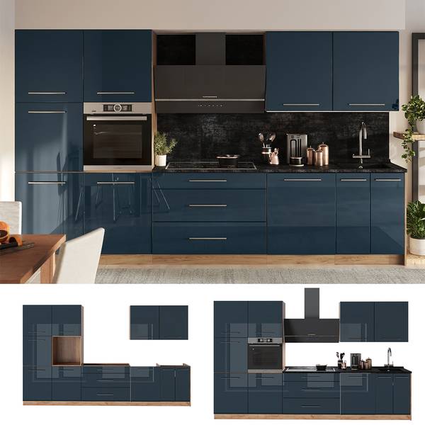 Küchenzeile Fame-Line 65756 Blau - Braun - Stahl - 340 x 207 x 60 cm