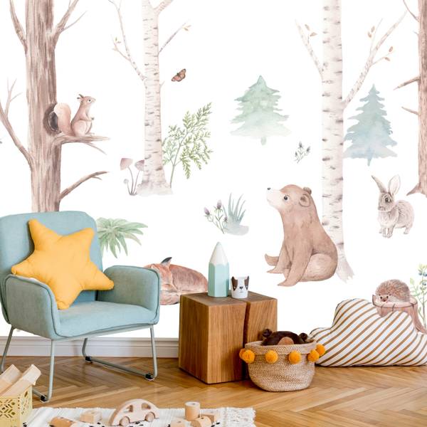 Fototapete Wald Tiere Aquarell Bäume 200 x 140 x 140 cm