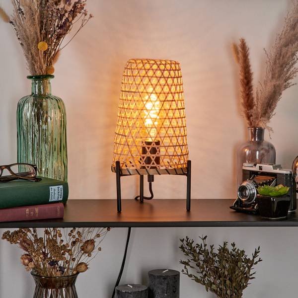 Tischleuchte Decollatura Beige - Schwarz - 19 x 53 x 19 cm - Flammenanzahl: 1 - Metall - Rattan