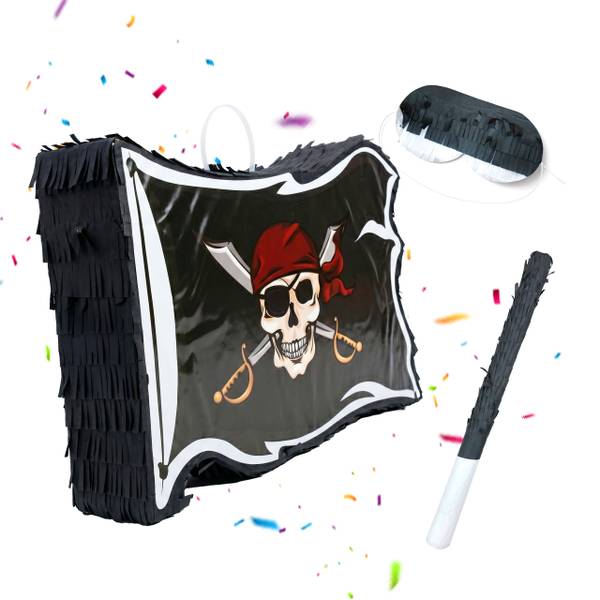 Pinata drapeau pirate avec bâton&masque Noir - Rouge - Blanc - Papier - Matière plastique - 40 x 35 x 8 cm