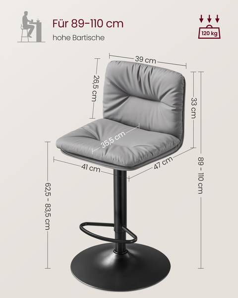 Tabourets de bar Moroni lot de 2 Gris - Textile - 41 x 110 x 47 cm