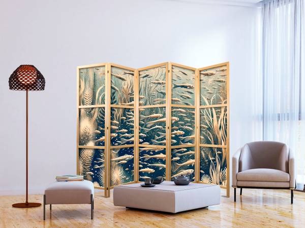 Paravent Pflanzen Fisch 5-tlg Beige - Blau - Grau - Weiß - Holzwerkstoff - Textil - 225 x 172 x 3 cm