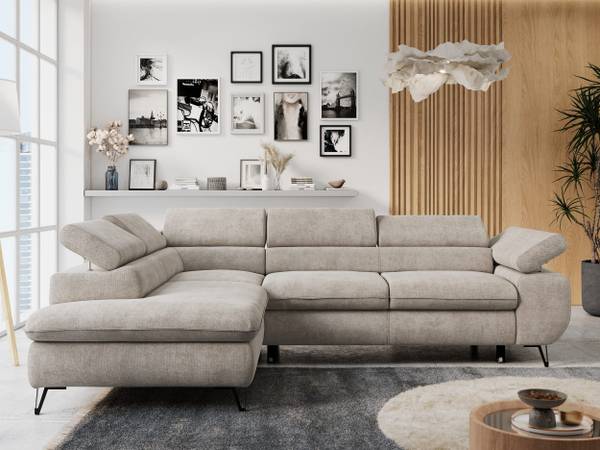 Ecksofa PETER L Greige - Ecke davorstehend links - Ottomane davorstehend links - Schlaffunktion davorstehend links - Strukturstoff - Webstoff