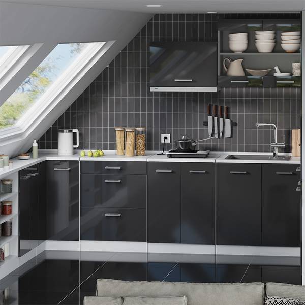 Küchenschrank Dachschrägen R-Line 61770 Hochglanz Anthrazit - Weiß - Breite: 60 cm - Grau