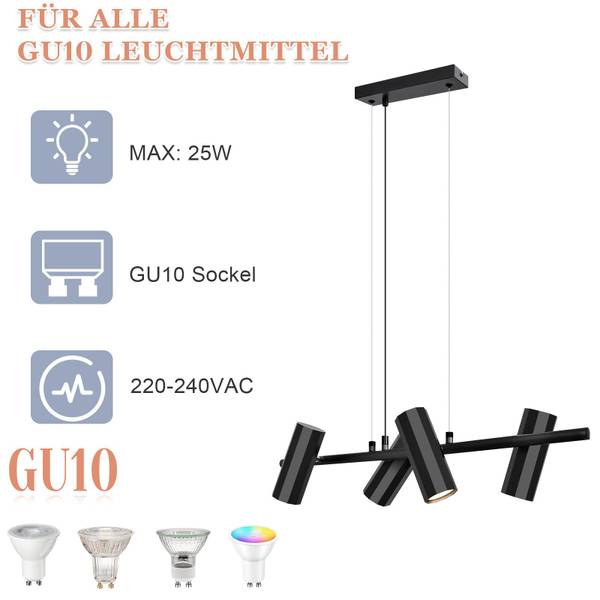 Hanglamp Hannah II met 4 lichtbronnen zwart - metaal - 6 x 170 x 66 cm
