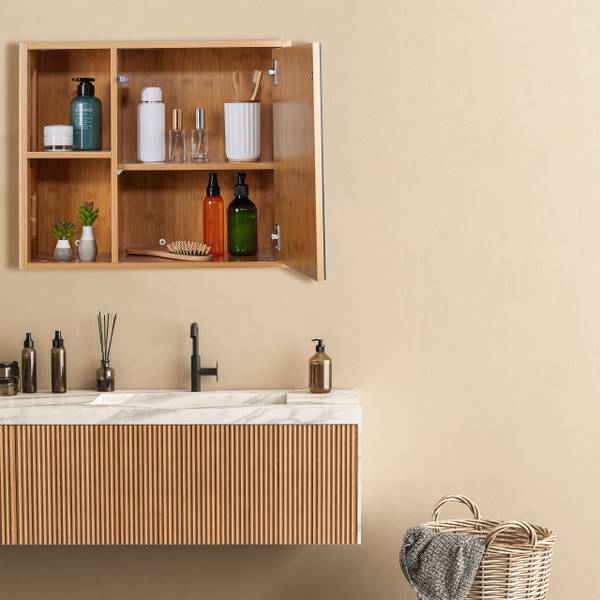 Badkamer spiegelkast met vakken bruin - bamboe - plaatmateriaal op houtbasis - glas - 55 x 45 x 20 cm