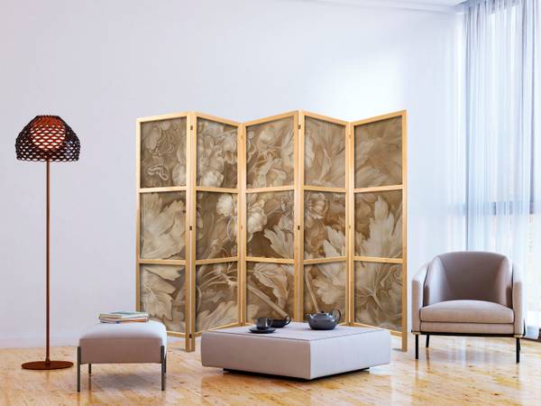 Paravent Blumen Botanik 5-tlg Beige - Braun - Weiß - Holzwerkstoff - Textil - 225 x 172 x 3 cm