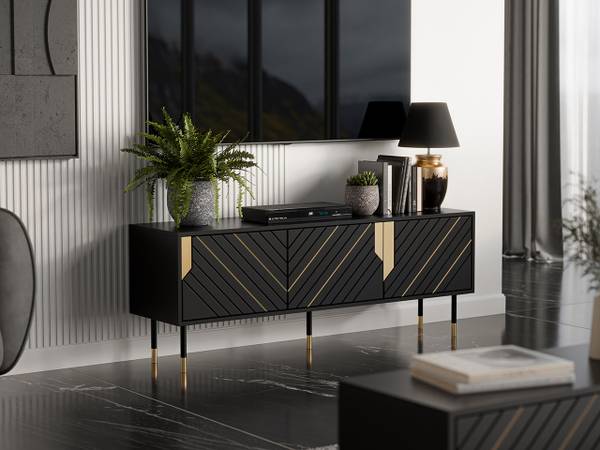 TV-Lowboard Mountain 3D 150 Schwarz - Gold - Holzwerkstoff - 154 x 55 x 40 cm