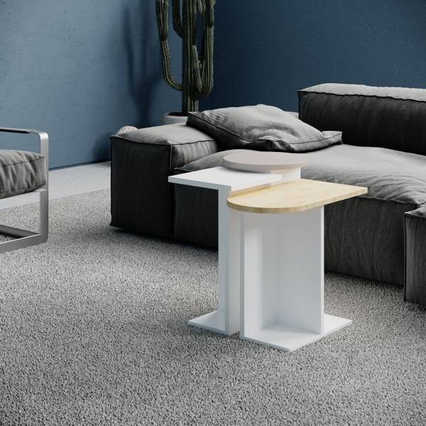 Beistelltisch Holz MUND Weiß Eiche Mokka Beige - Eiche Hell - Weiß