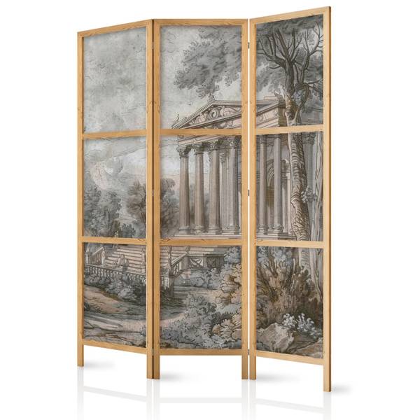 Paravent Architektur Bäume 3-tlg Beige - Grau - Grün - Holzwerkstoff - Textil - 135 x 172 x 3 cm