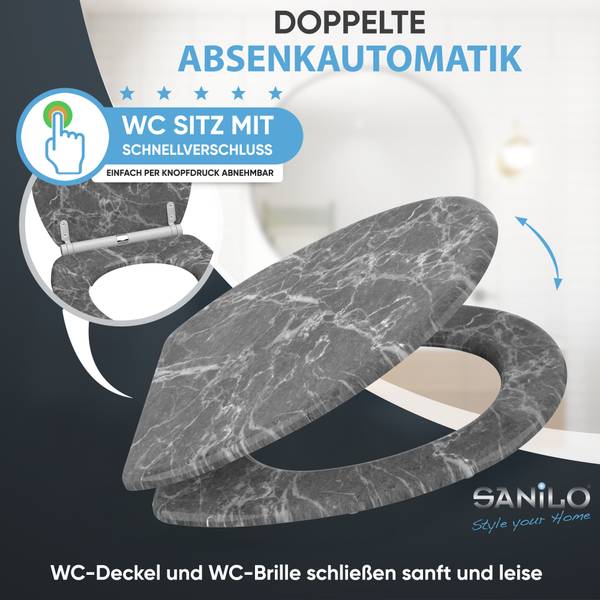 WC-Sitz mit Absenkautomatik Marmor Grau Grau - Holzwerkstoff - 38 x 6 x 48 cm