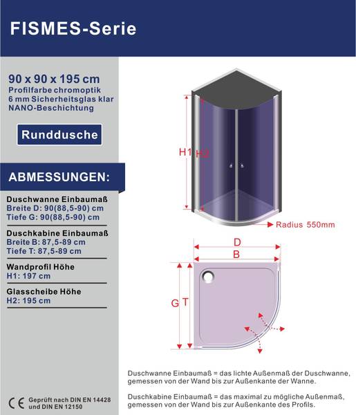 Runddusche FISMES Silber - Glas - 90 x 195 x 90 cm