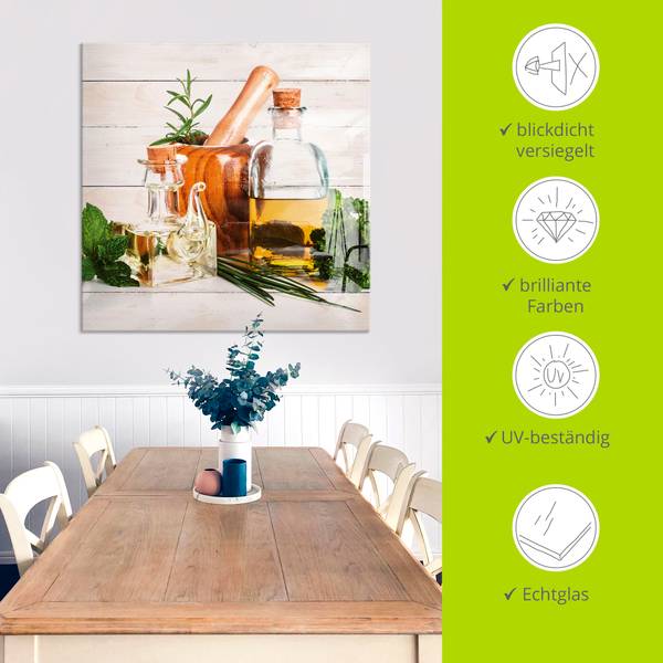 Glasbild Olivenöl und Kräuter - Küche 30 x 30 cm