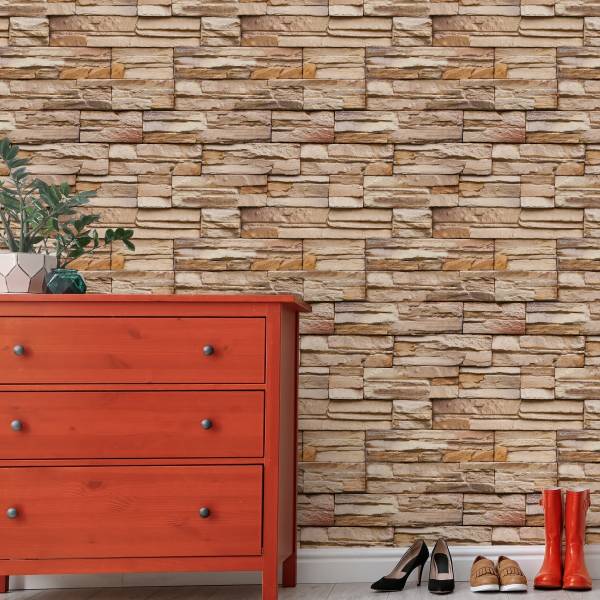 Papier Peint pierre ardoise effet 3D Beige - Orange - Papier - 53 x 1000 x 1000 cm